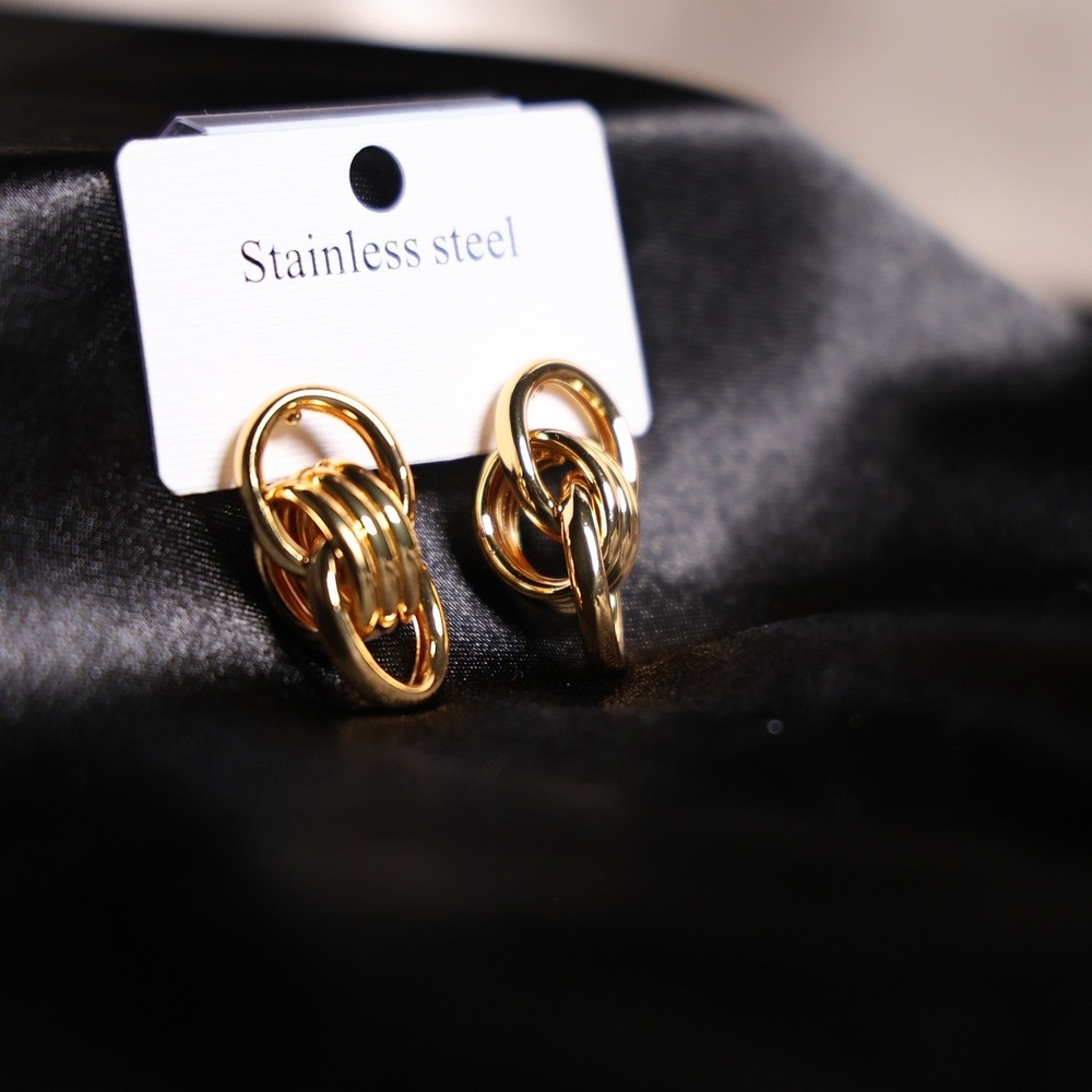 Gold Stainless Steel Interlocking Multi Link Door Knocker Stud Earrings JW022